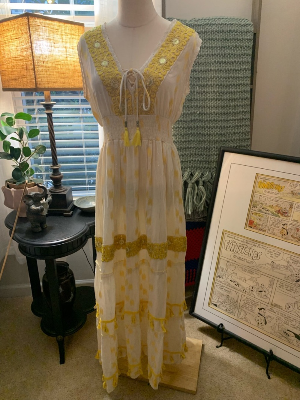 Me Too Women’s Boho White Maxi Dress with Yellow Embroidered Trim Size Medium
